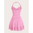 thumbnail image 2 of Pink Womens Slim Fit Ruched Halter Mini Dress With Tiered Flounce Skirt, 2 of 4