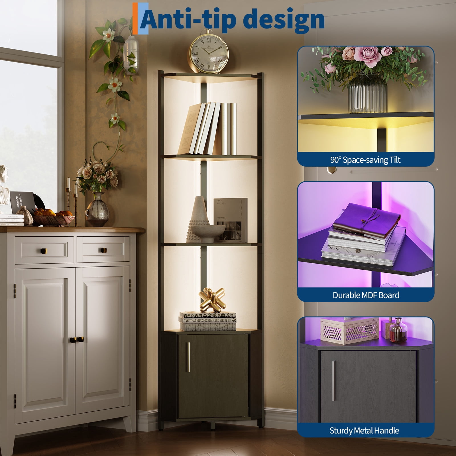 5-Tier Black LED Corner Shelf with Adjustable Brightness – Modern Space-Saving Wall Mounted Bookshelf with Doors & Metal Frame – Lighted Display Organizer for Living Room, Bedroom, Kitchen, Office