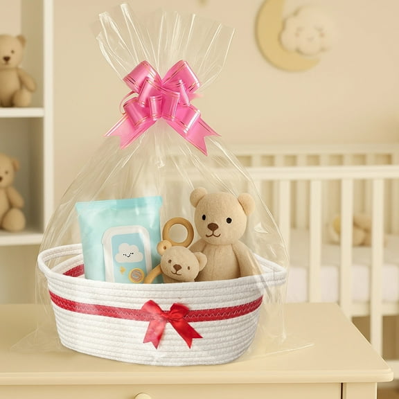 Woven Cotton Rope Basket with Handles, Cotton Storage Basket for Little Ones Toy Organizing, basket with Pink and Red Decorative Ribbon, Hamper Basket for Gifts, Empty Storage Container