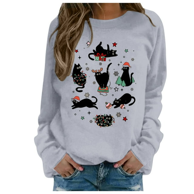HNMKIU Chandail en Molleton à Col Rond pour Femmes Automne Hiver Imprimé de Noël