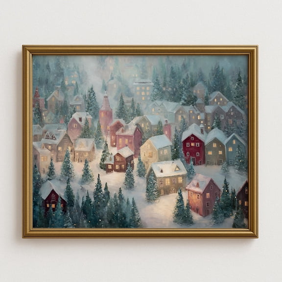 Winter Village Wall Art, Snowy Winter Town With Cozy Houses And Trees, Festive Able Home Decor Home Decor #1002, Unframed Poster Size 8x12