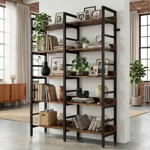 Fnova 5-Tier Industrial Bookshelf, 71" Etagere Double Wide Bookcase for Storage and Display, Wood and Metal Bookshelves for Living Room Home Office, Rustic Brown