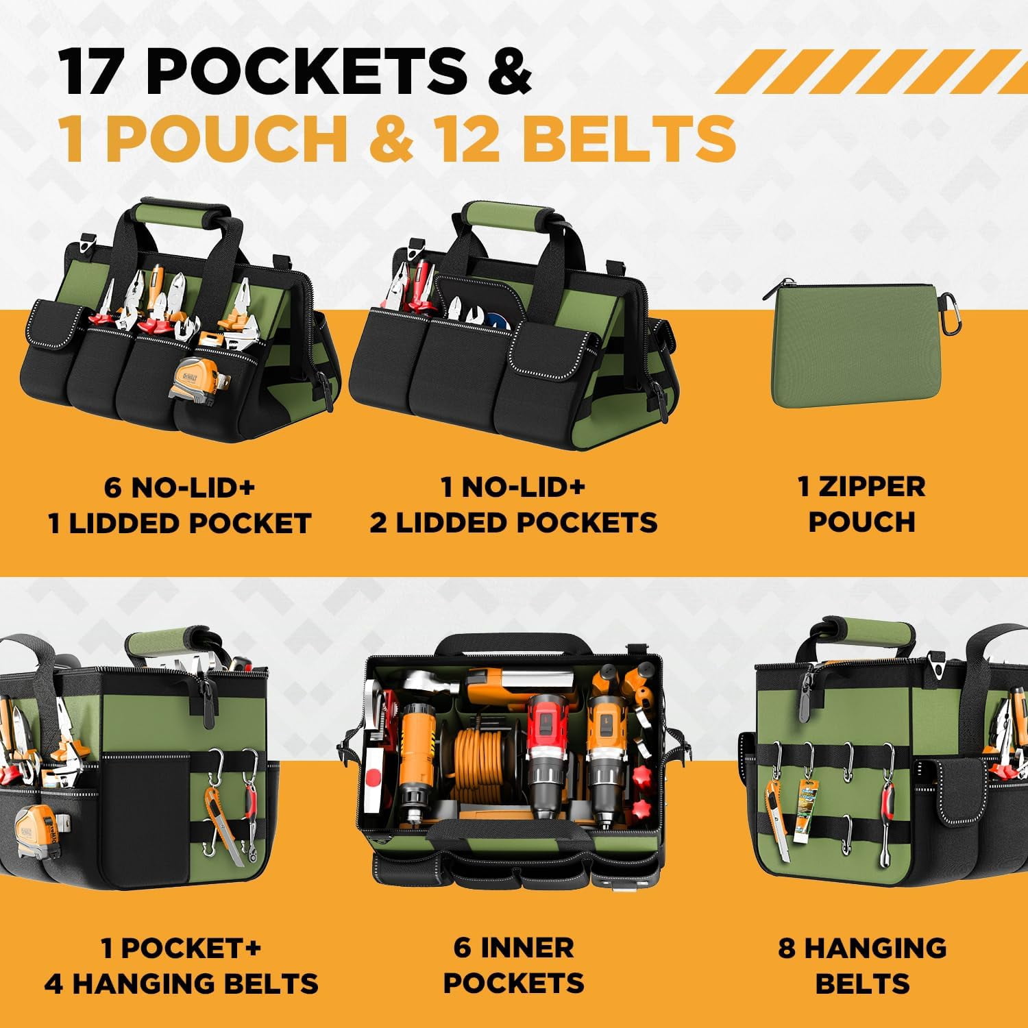 Tool Bag 15.5 Inch with 1 Pouch | 17-Pocket Portable Tool Box Organizer Storage with Adjustable Strap, Soft Handle and Durable Zipper | Heavy Duty Tool Bags for Men, Father’s Day (Green)