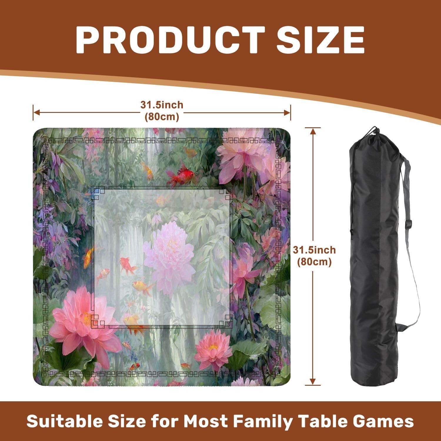 Mahjong Mat 31.5" x 31.5" Lotus Fish Watercolor Poster Dreamy Japanese Aesthetic Non-Slip Noise Reduction Mahjong Tiles Table Cover for Dominoes Poker Card Board and Tile Games