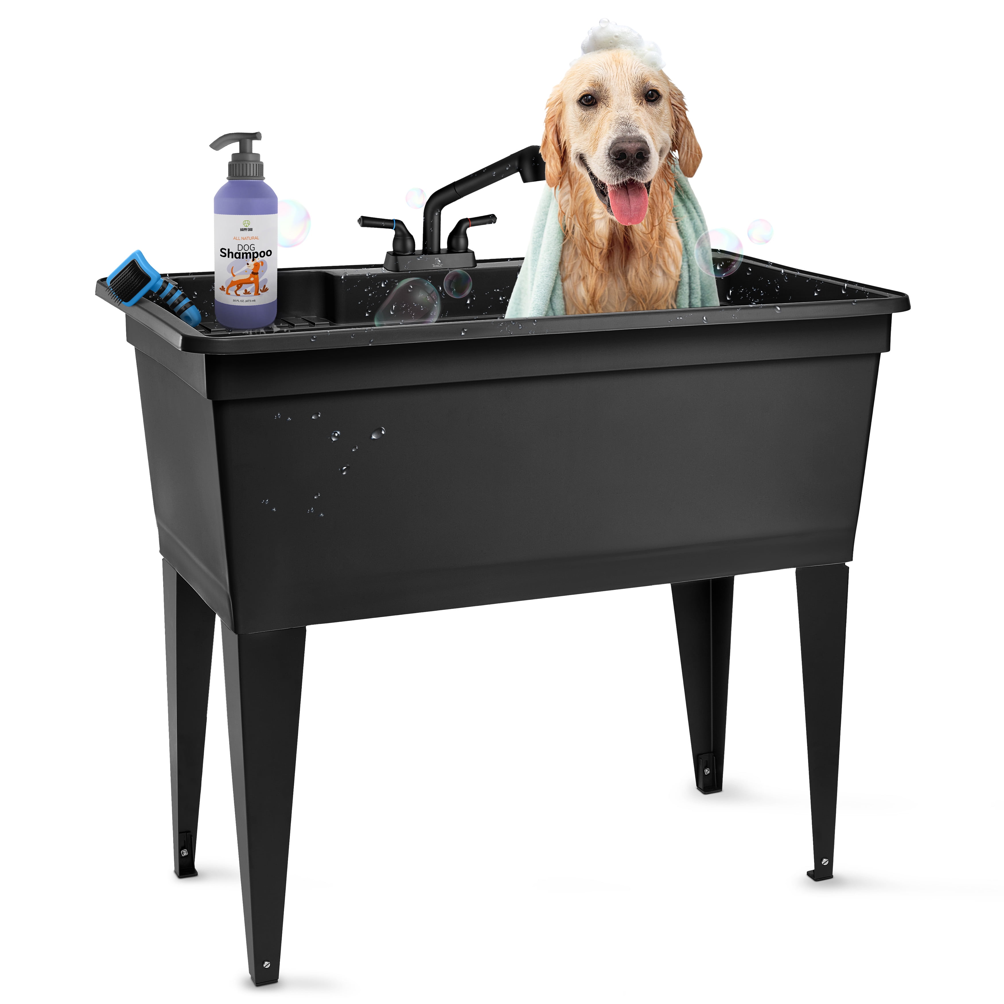 Tehila 37 Gallon Freestanding Black Double Wide Utility Sink with Steel Legs and Black Pull-Out Faucet