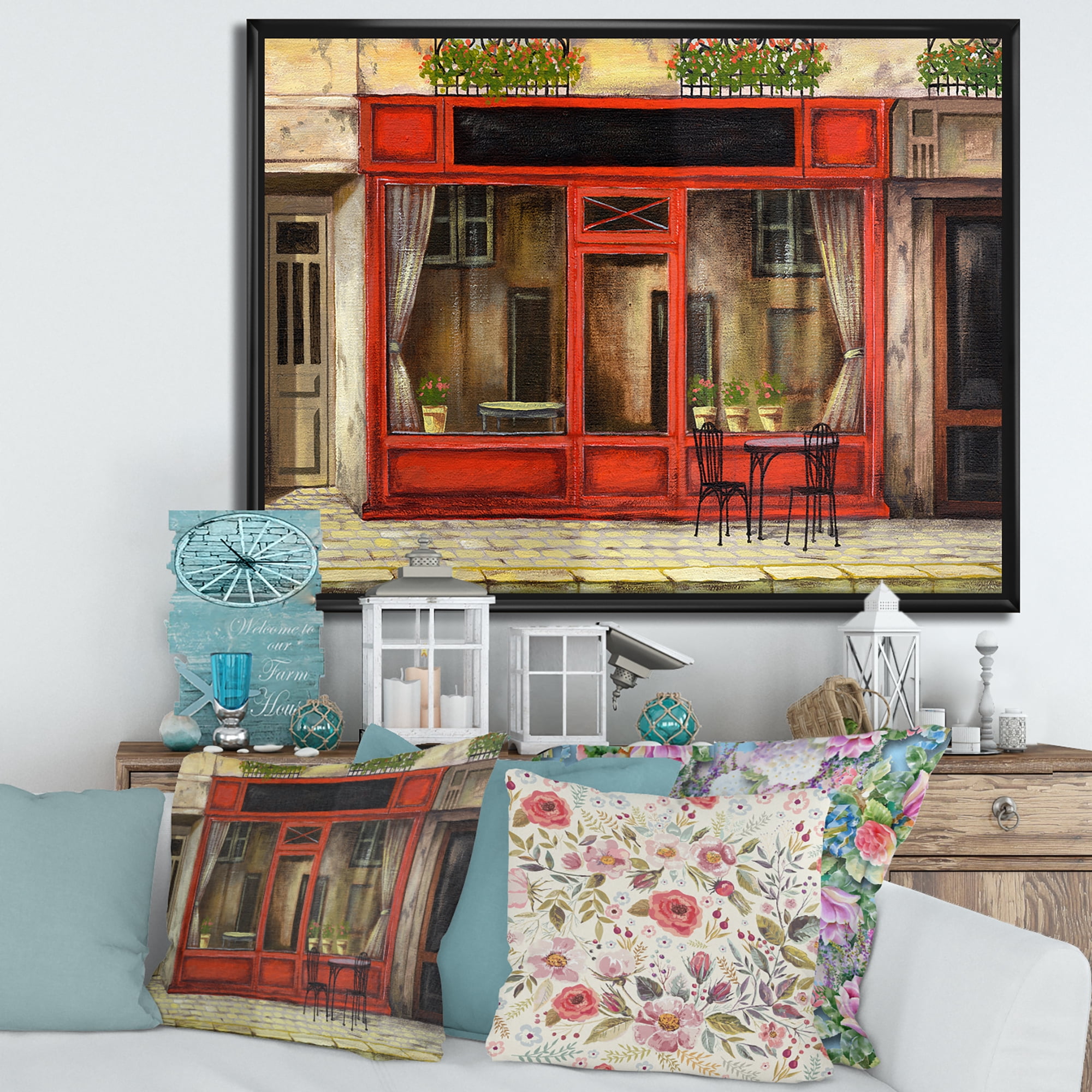 Designart 'Red Facade of Charming Shop In Paris Street I' French Country Framed Canvas Wall Art Print