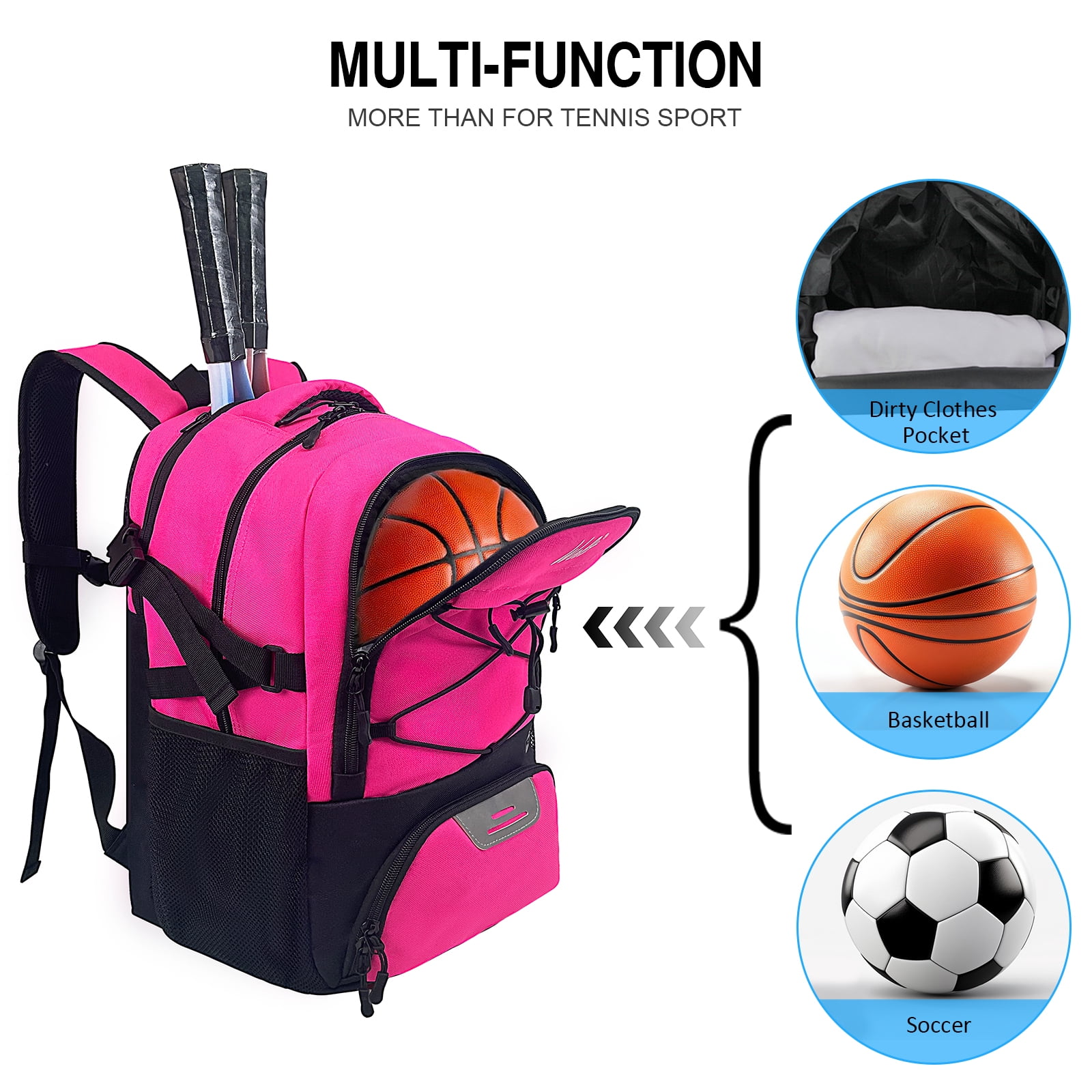 WOLT | Tennis Racket Sports Backpack Bag--34L Capacity Polyester with Ventilated Shoe Compartment Pink