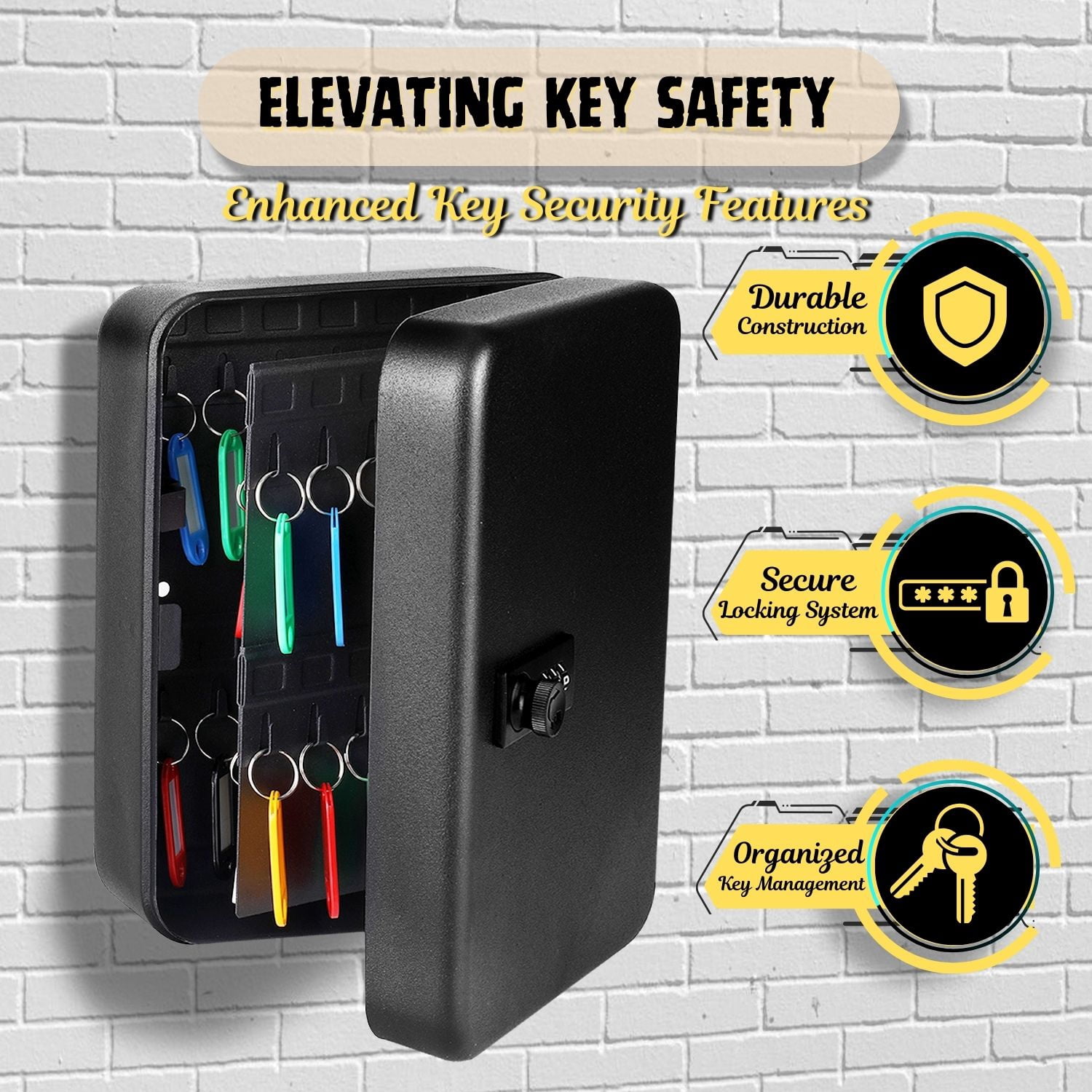 Key Cabinet Key Lock Box Wall Mount with 40 Key Holder Organizer Locker Case, Colored Key Tags & Hooks Wall Mounted Lock Box For Keys Storage, Homes, Property, Hotels, Business (Black)