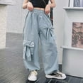 thumbnail image 2 of CAICJ98 Girls Bow Wide Leg Cargo Pants with Pocket Elastic Waist Hip Hop Girls Athletic Pants (Blue,5-6 Years), 2 of 4