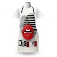 thumbnail image 3 of Kiss Me Apron, Valentine's Day Typography Grunge Background Halftone and Stripes, Unisex Kitchen Bib with Adjustable Neck for Cooking Gardening, Adult Size, Vermilion Off White, by Ambesonne, 3 of 4