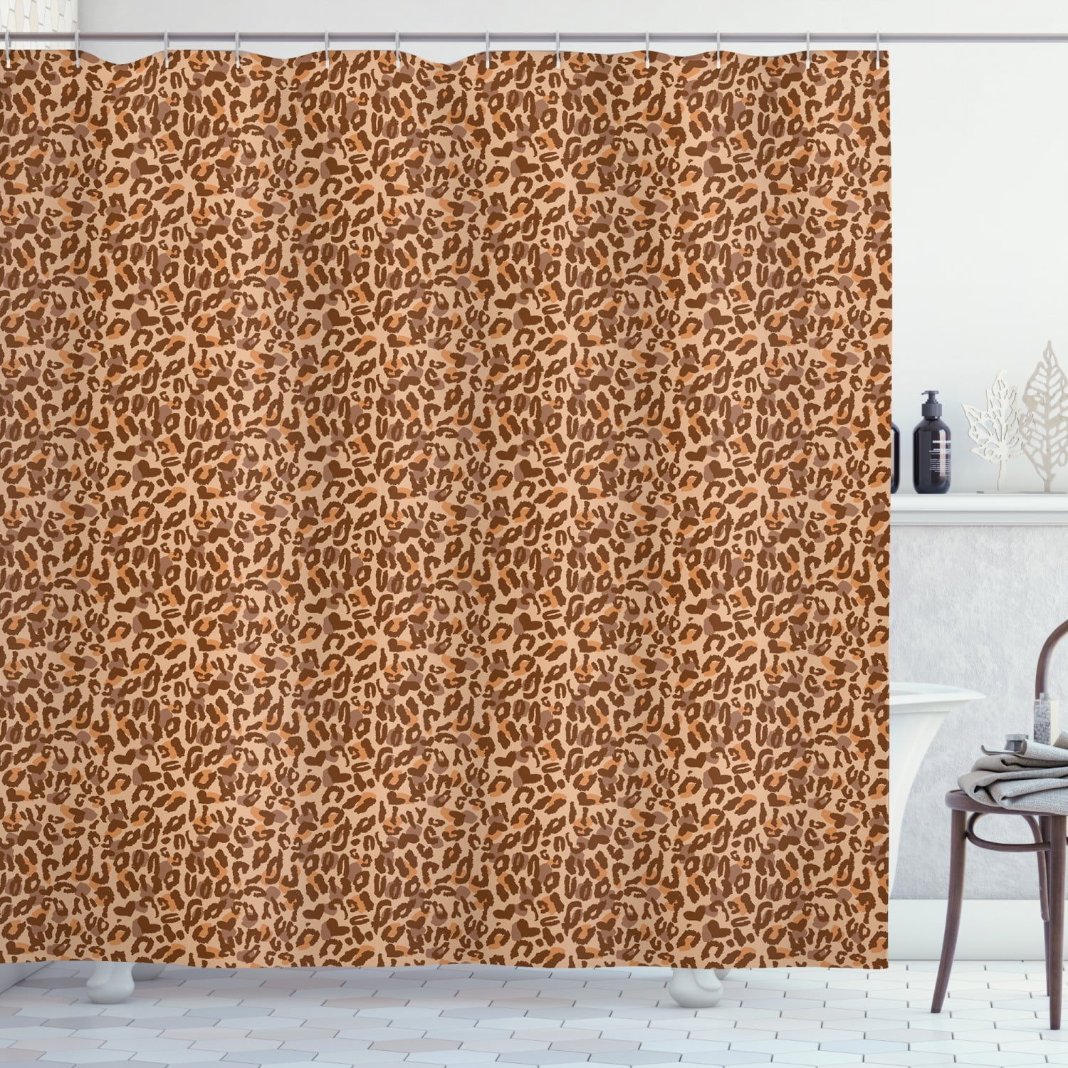 Animal Print Shower Curtain, Repeating Animal Skin Pattern and Hidden Hearts, Fabric Bathroom
