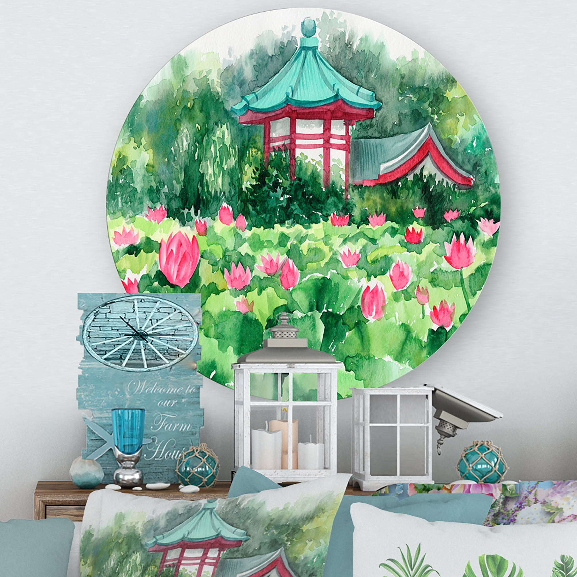 Designart 'Pagoda and Lotus Lake' Traditional Circle Metal Wall Art 23x23 - Disc of 23