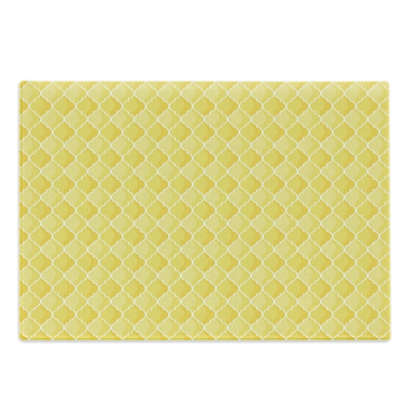 Yellow Cutting Board, Quatrefoil Moroccan Themed Geometric Ombre Pattern Art, Decorative Tempered Glass Cutting and Serving Board, Large Size, Merigold Yellow, by Ambesonne