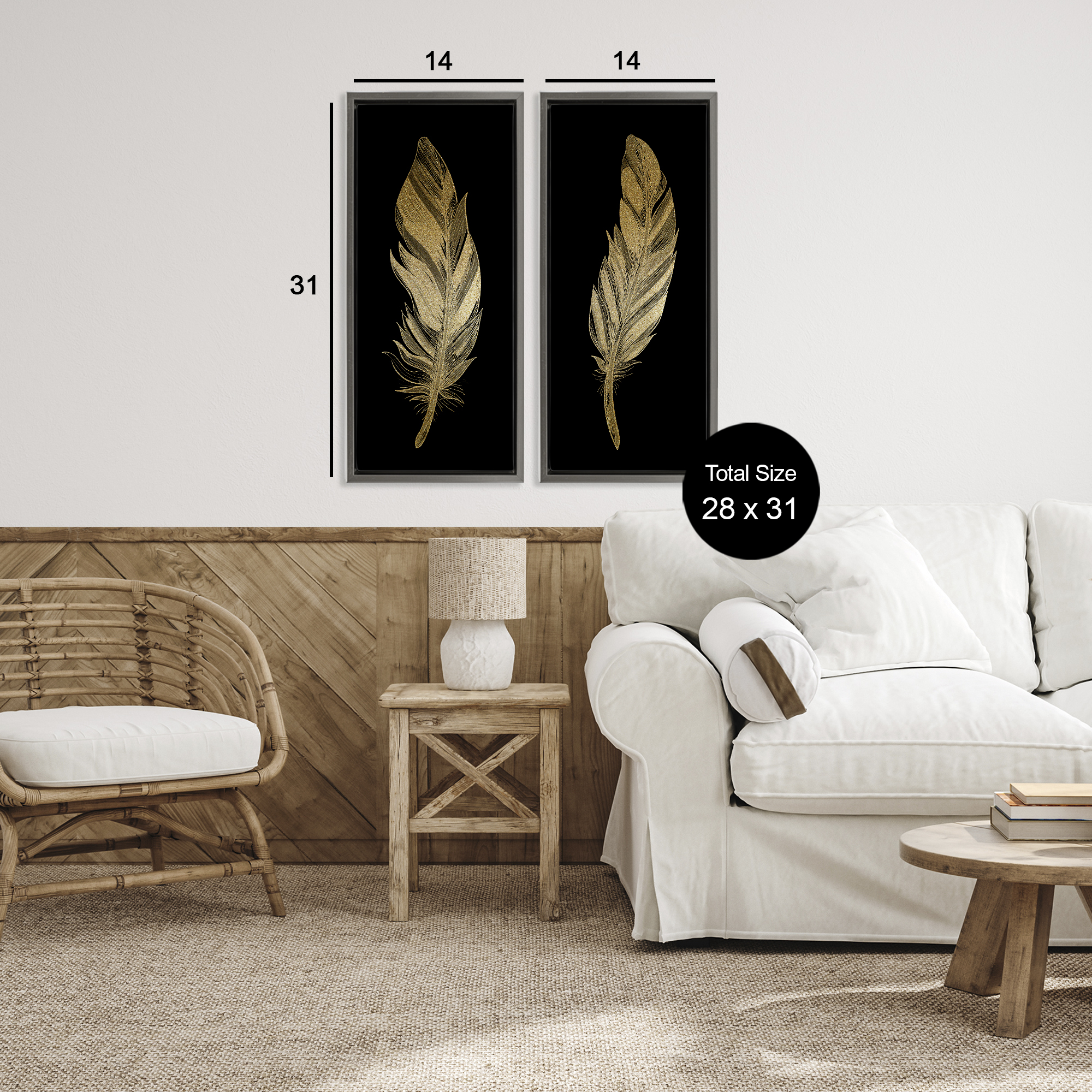 Glam Detailed Feather 2 Piece Gray Framed Floater Canvas Set, design by Kim Allen