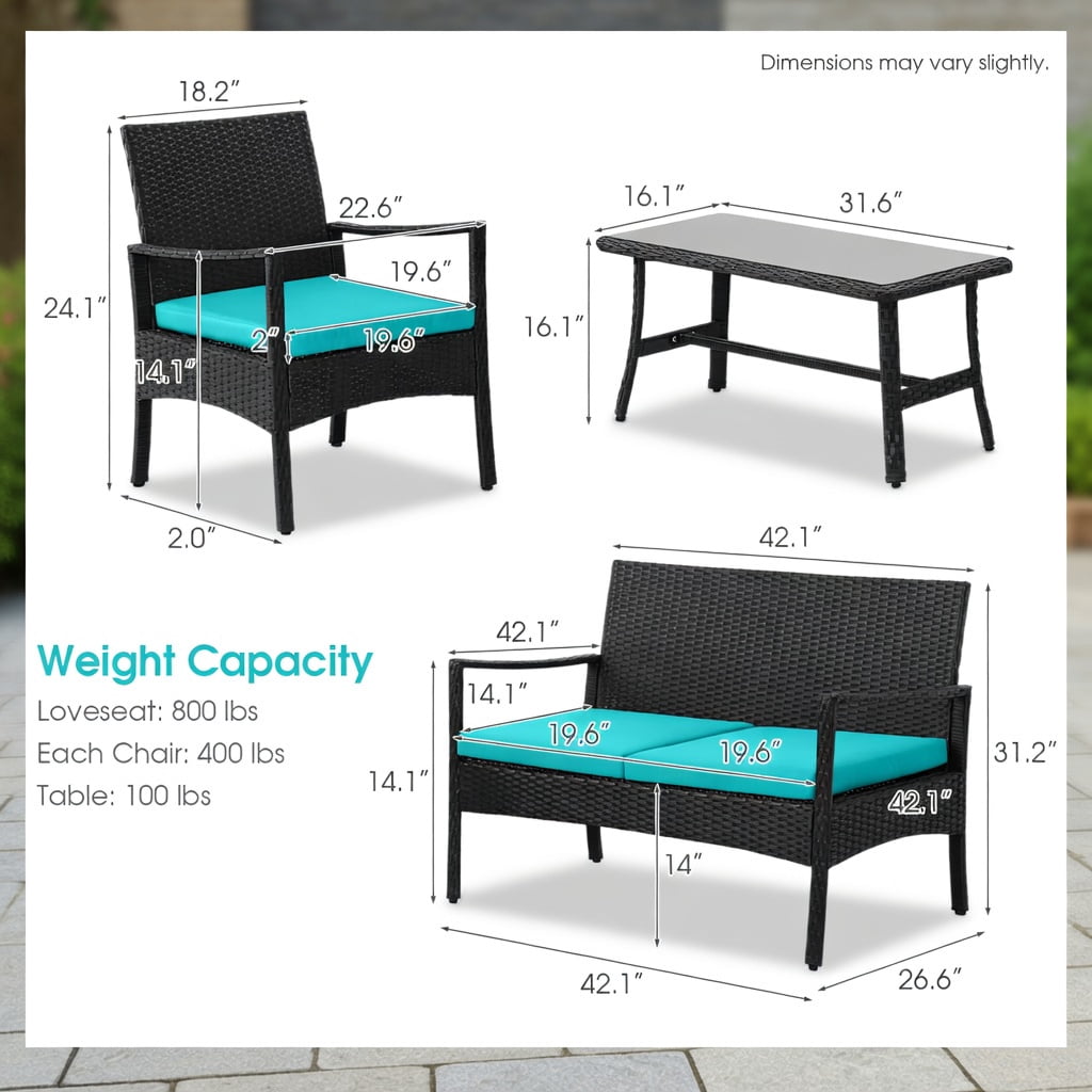 Hommoo 4-Piece PE Rattan Outdoor Conversation Set with Tempered Glass Coffee Table, Metal Frame, Backyard Patio Furniture, Turquoise