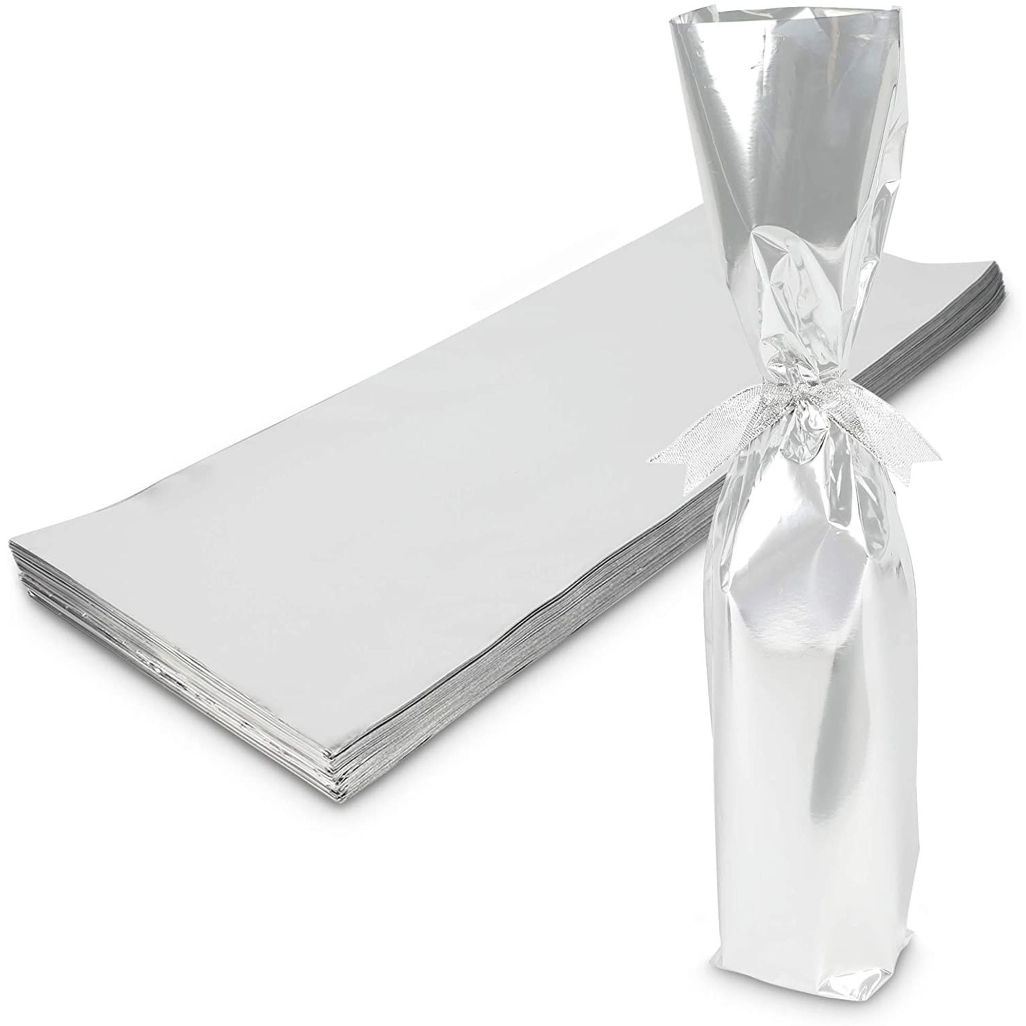 Metallic Silver Foil Wine Bottle Gift Wrapping Bags, 6.25" x 17.5", 100