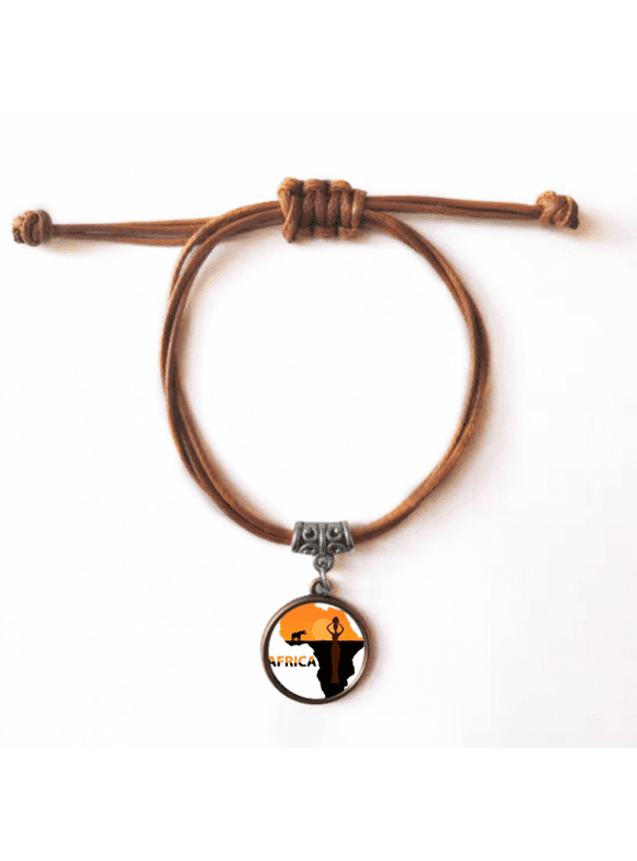 Africa Map Savanna Elephant life Bracelet Leather Hide Rope Wristband Brown Jewelry