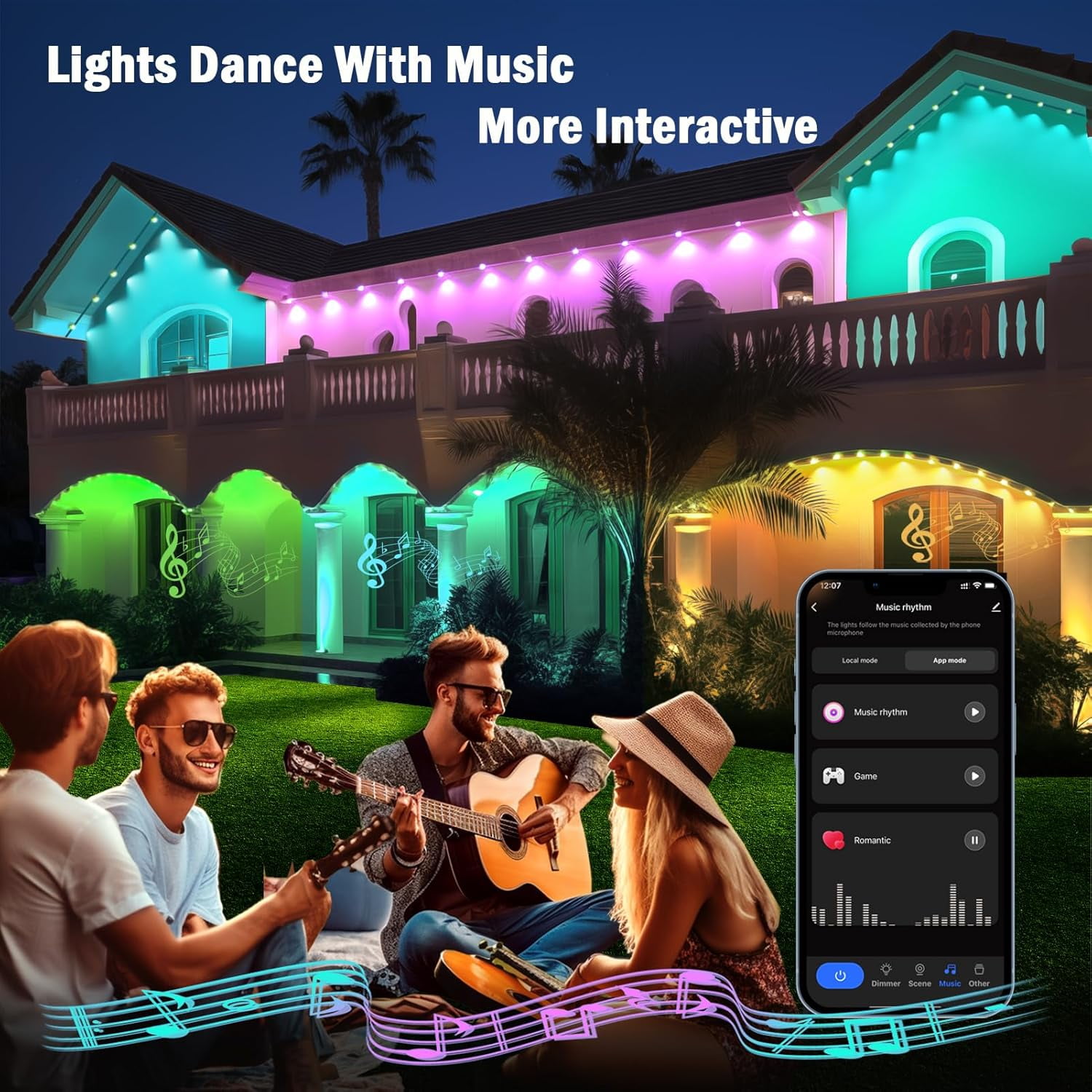 Permanent Outdoor Lights, 100ft Smart RGB+IC Outdoor Lights with 72 Scene Modes, 60 LED Eaves Lights IP67 Waterproof for Holidays, Party, Daily, Compatible with Alexa, Google Assistant