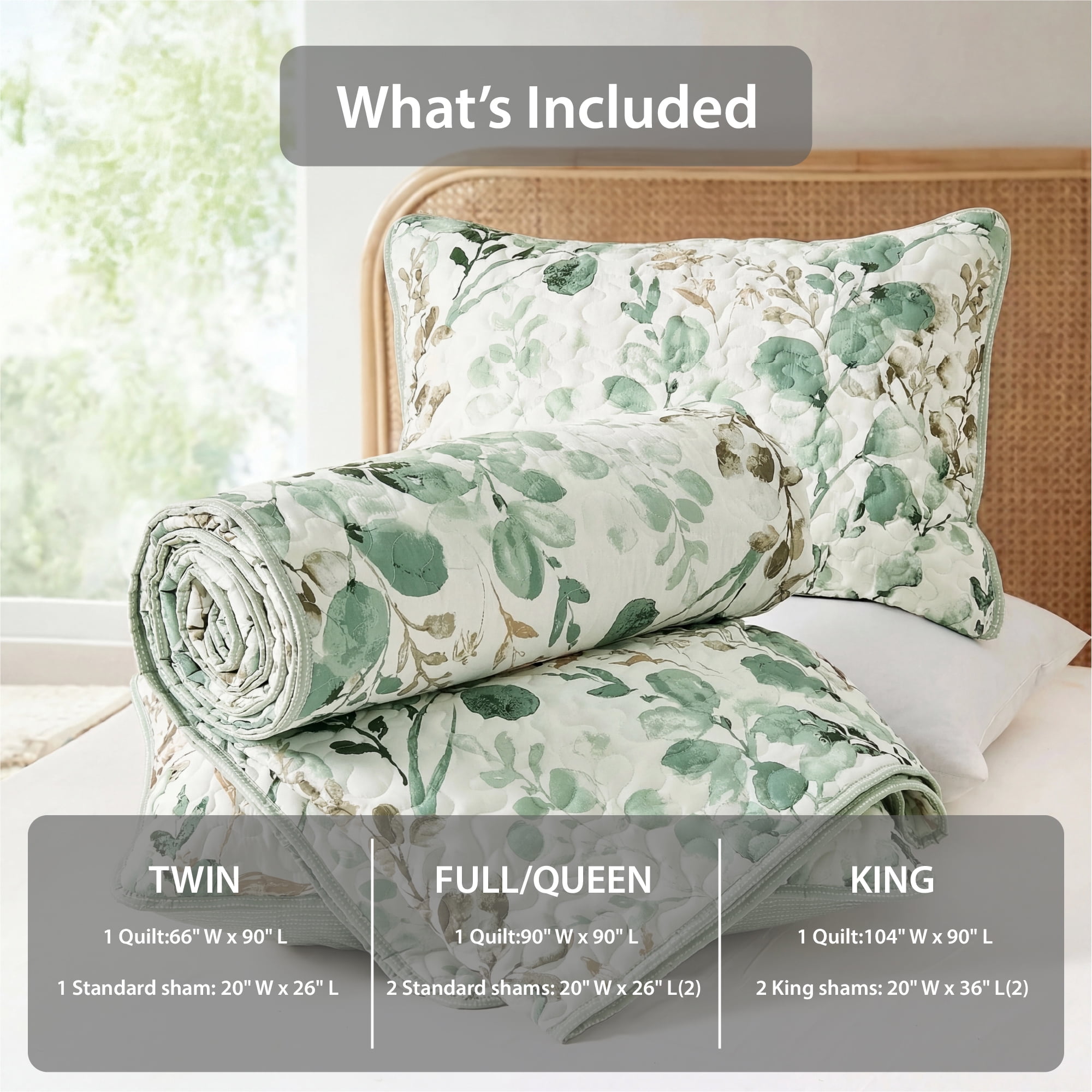 Regency Heights Full/Queen Botanical Quilt Set, 3-Piece Reversible Floral Summer Quilt Coverlet Bedding Set, Green Quilted Bedspread with Shams for All Season