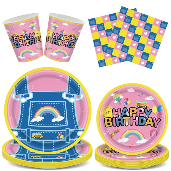 Rainbow Overalls Party Plates, 64Pcs Rainbow Overalls Party Supplies, with Plates Napkins and Paper cup, for Kid Adult Party Decorations, Serves 16 Guests