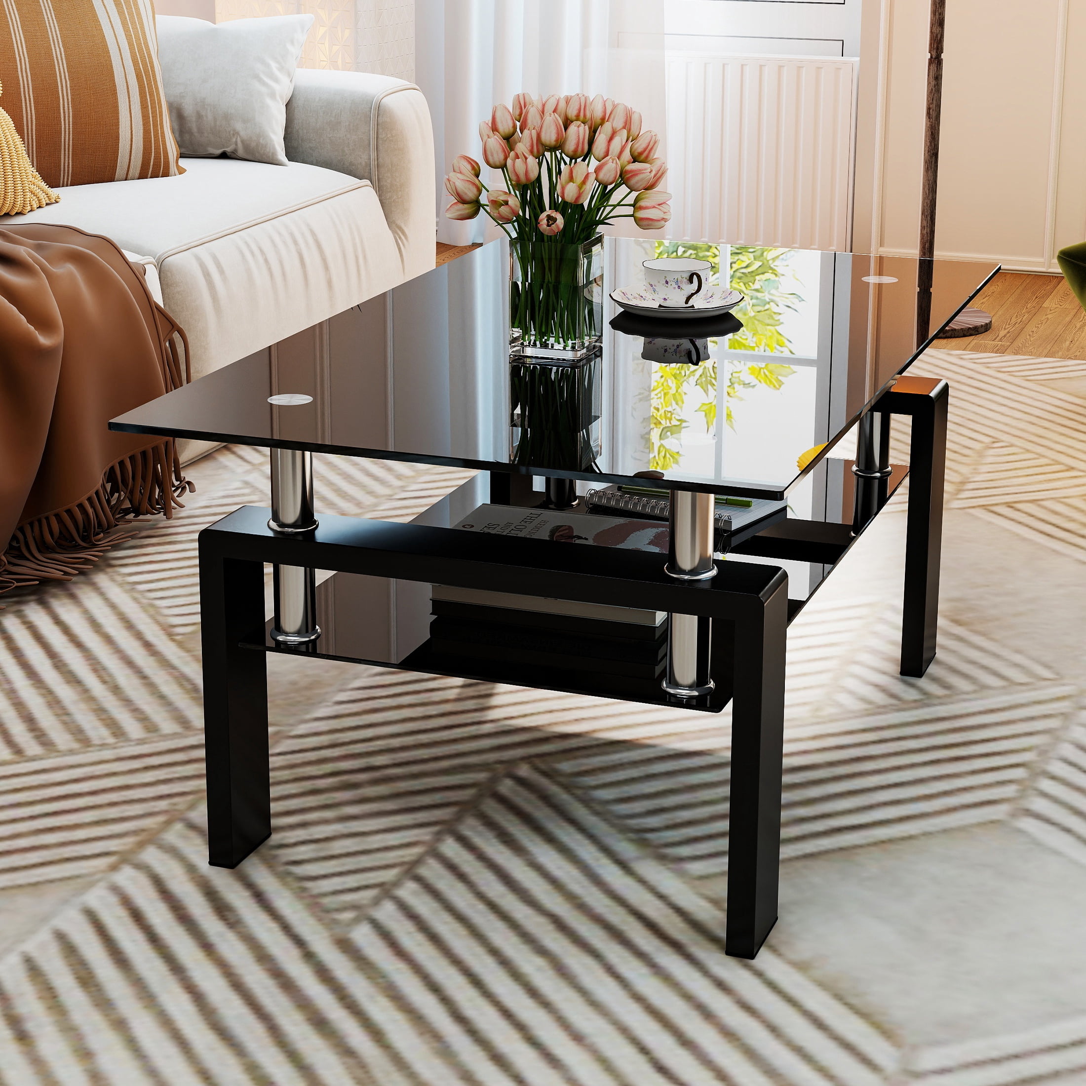 Glass Coffee Table for Living Room, SEGMART Modern Coffee Table with Lower Shelf, Rectangle Center Table with Metal Legs, Glass Table, Sofa Table, Tea Table, Living Room Table