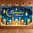 thumbnail image 6 of Golden Calligraphy Ramadan Banner Blue Night Sky Islamic Backdrop Ornate Crescent Moon Illuminated Lanterns Mosque Scene Display for Ramadan Celebration Family Gathering Religious Ceremony, 6 of 9
