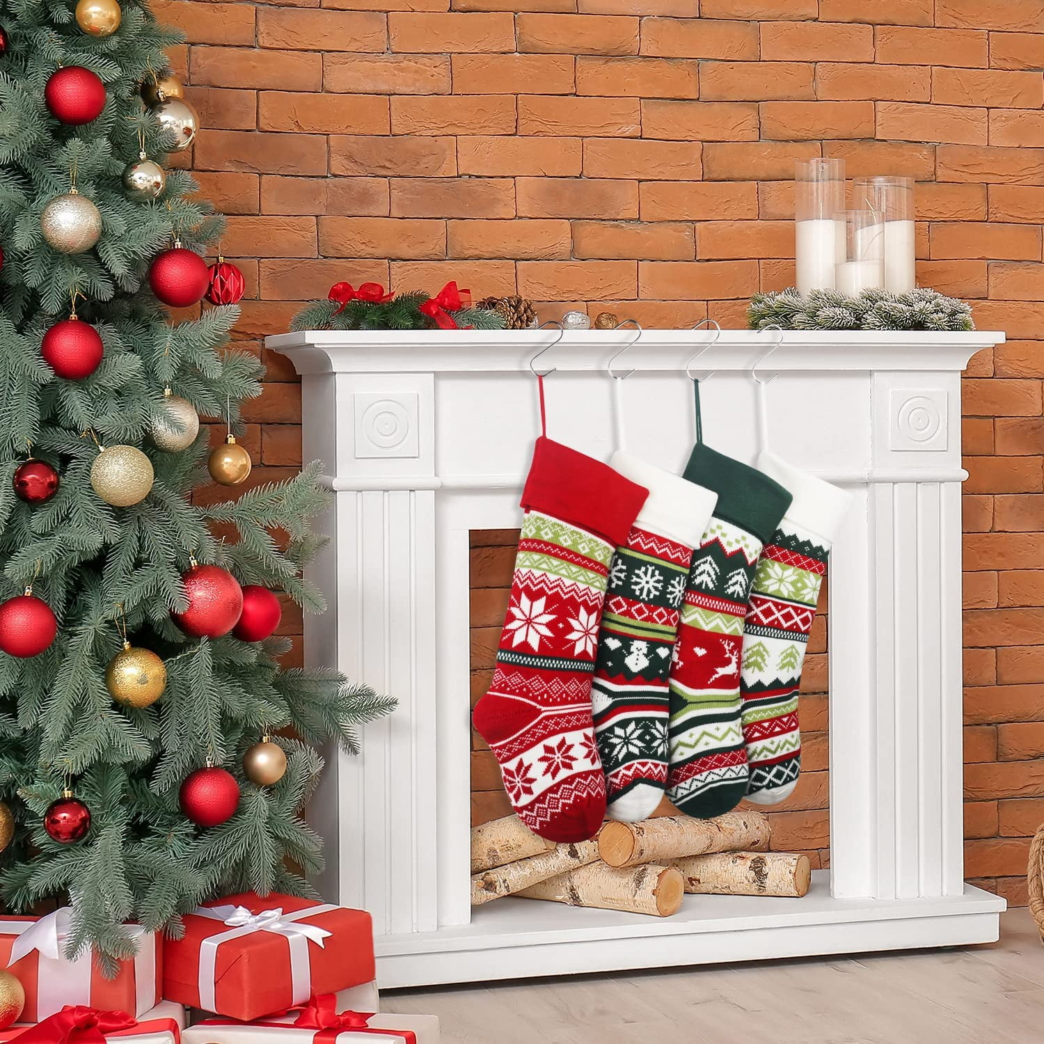 Knit Christmas Stockings,4 Pack Snowflake Reindeer Snowman Personalized Cable Knit Stockings for Christmas Candy Gifts Decor