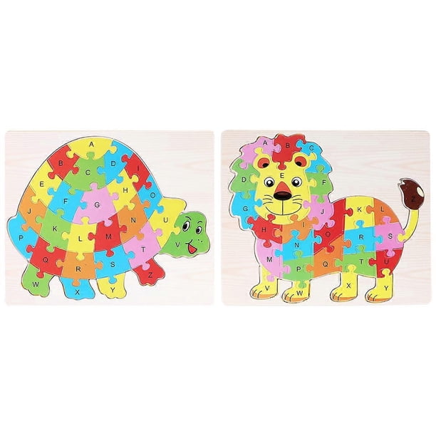 2 Sets of Wooden Animal Shaped Puzzles 26 Alphabet Jigsaw Boards Educational Toys for Children Toddlers (Tortoise and Lion)
