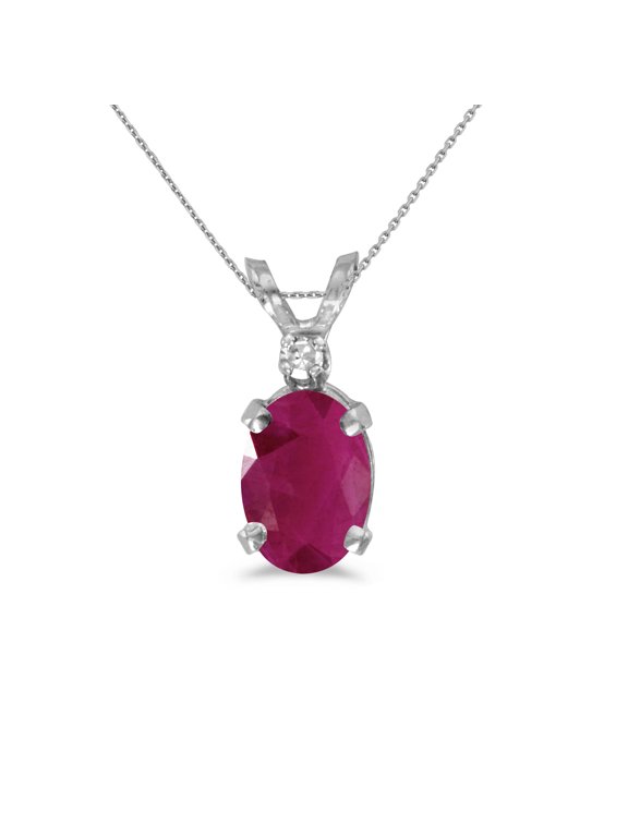10k White Gold Oval Ruby And Diamond Pendant with 16" Chain