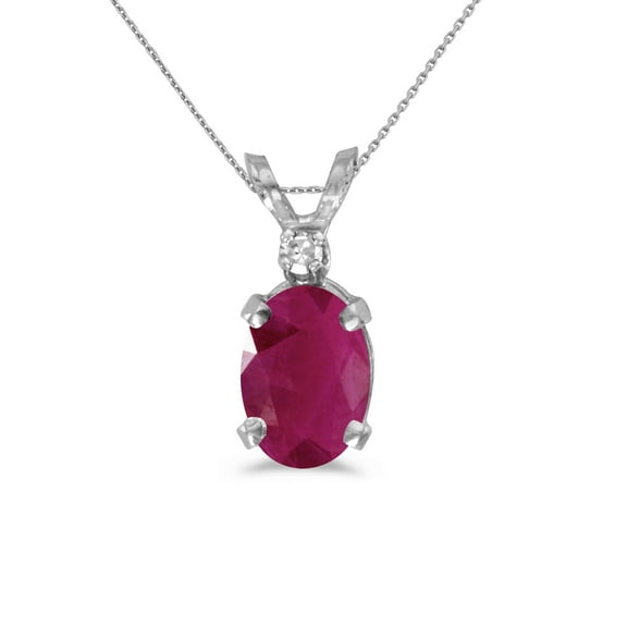10k White Gold Oval Ruby And Diamond Pendant with 16" Chain