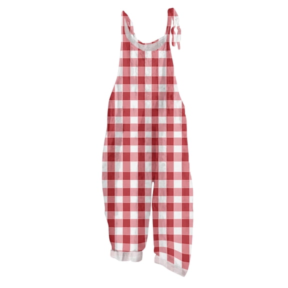 JULMCOMO Plus Size Jumpsuits for Women Plaid Print Tie Strap Scoop Neck Loose Fit Overalls Sleeveless Vacation Casual Jumpsuits Red 2XL