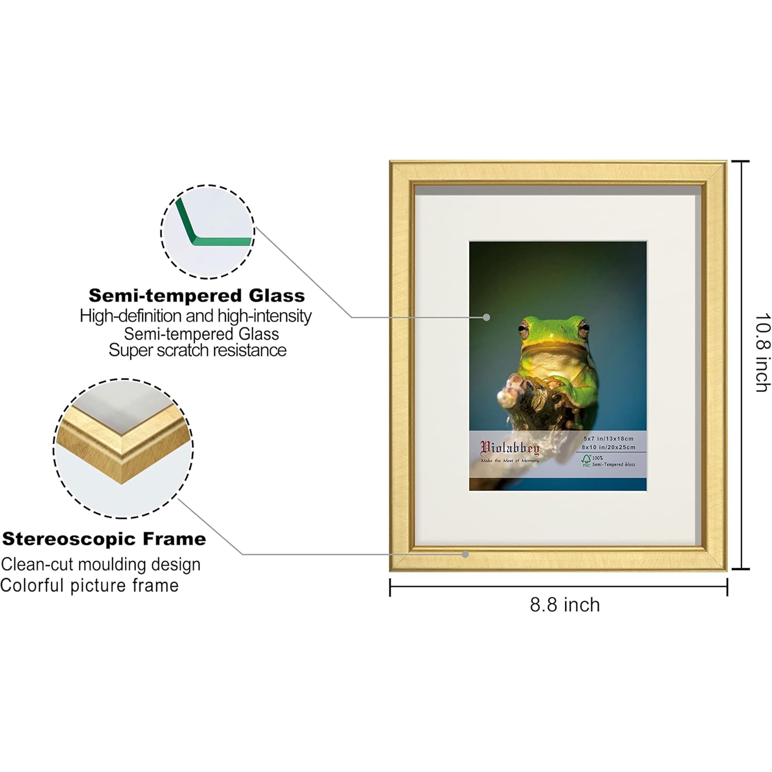 VIOLABBEY 8x10 Picture Frame Gold Set of 4, Photo frame for 5x7 Pictures with Mat or 8x10 without Mat, HD Real Glass, Vertical or Horizontal for Wall and Tabletop Display