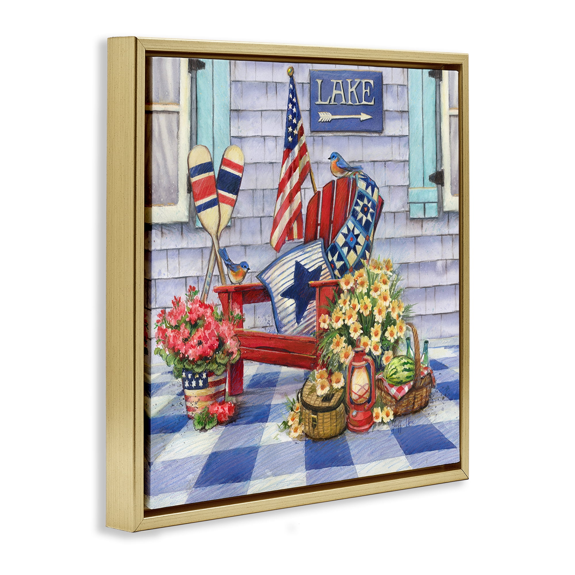 Stupell Industries Americana Porch View Patriotic Painting Gold Floater Framed Canvas Art Print Wall Art, 25 x 25