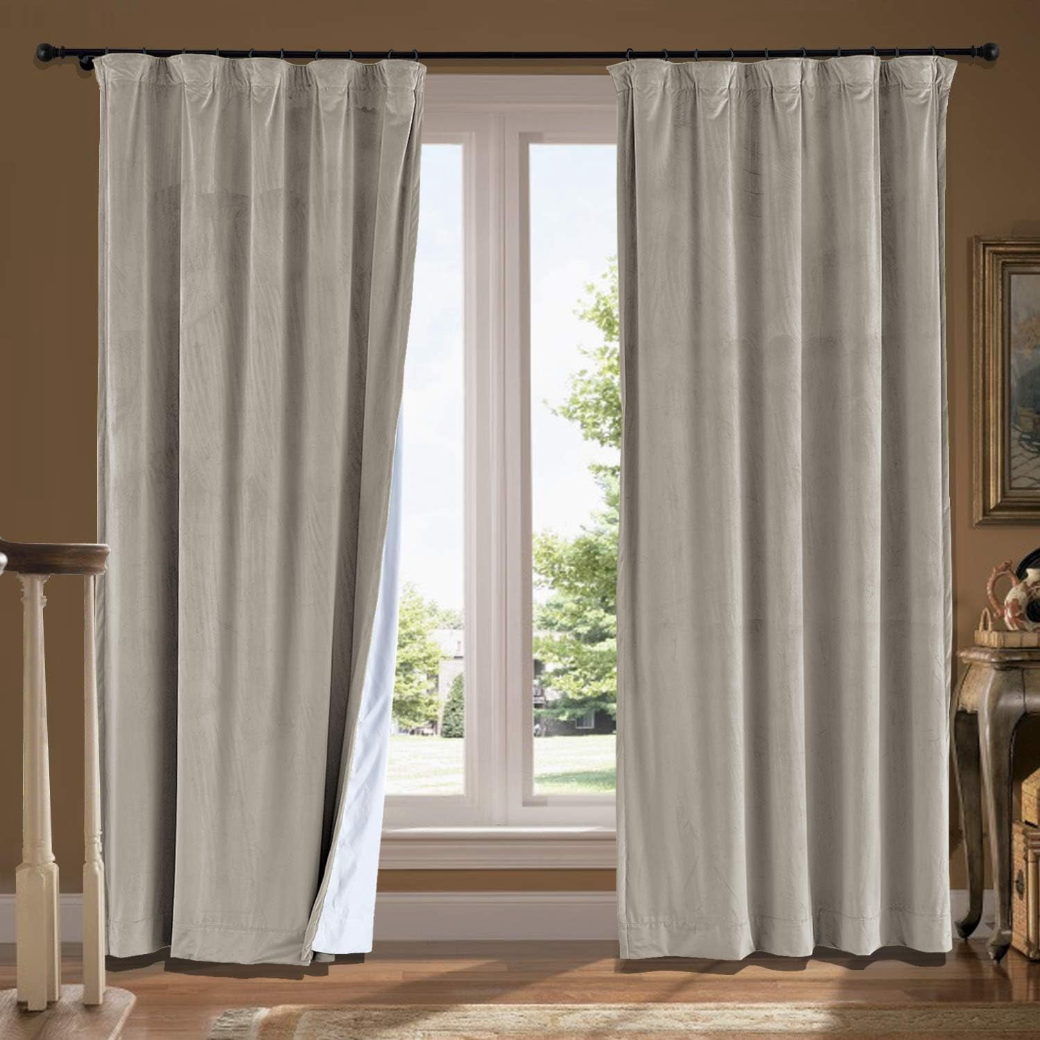 56" W x 108" L Flat Hooks Curtains Room Darkening Velvet Curtain with Blackout Lining for Traverse Rod Or Track, Living Room Meetingroom Club Theater Patio Door (1 Panel), Grey Beige