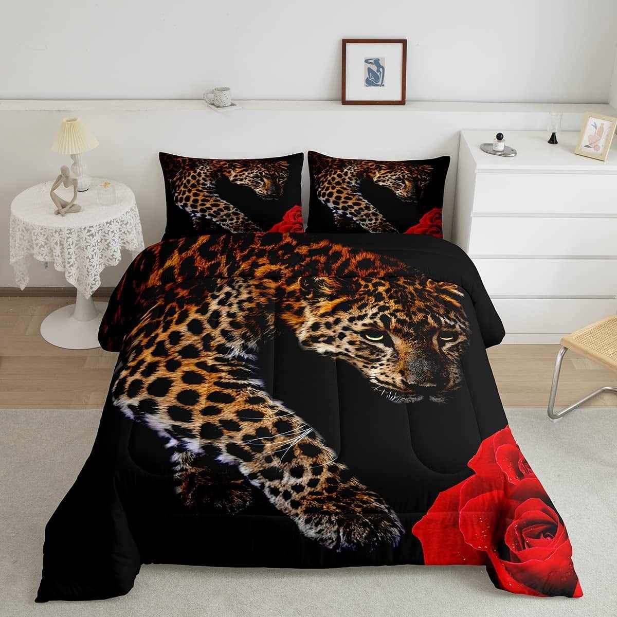 Leopard Comforter Set King Size,Red Rose Cheetah Bedding Set,Cat Leopard Print Down Comforter