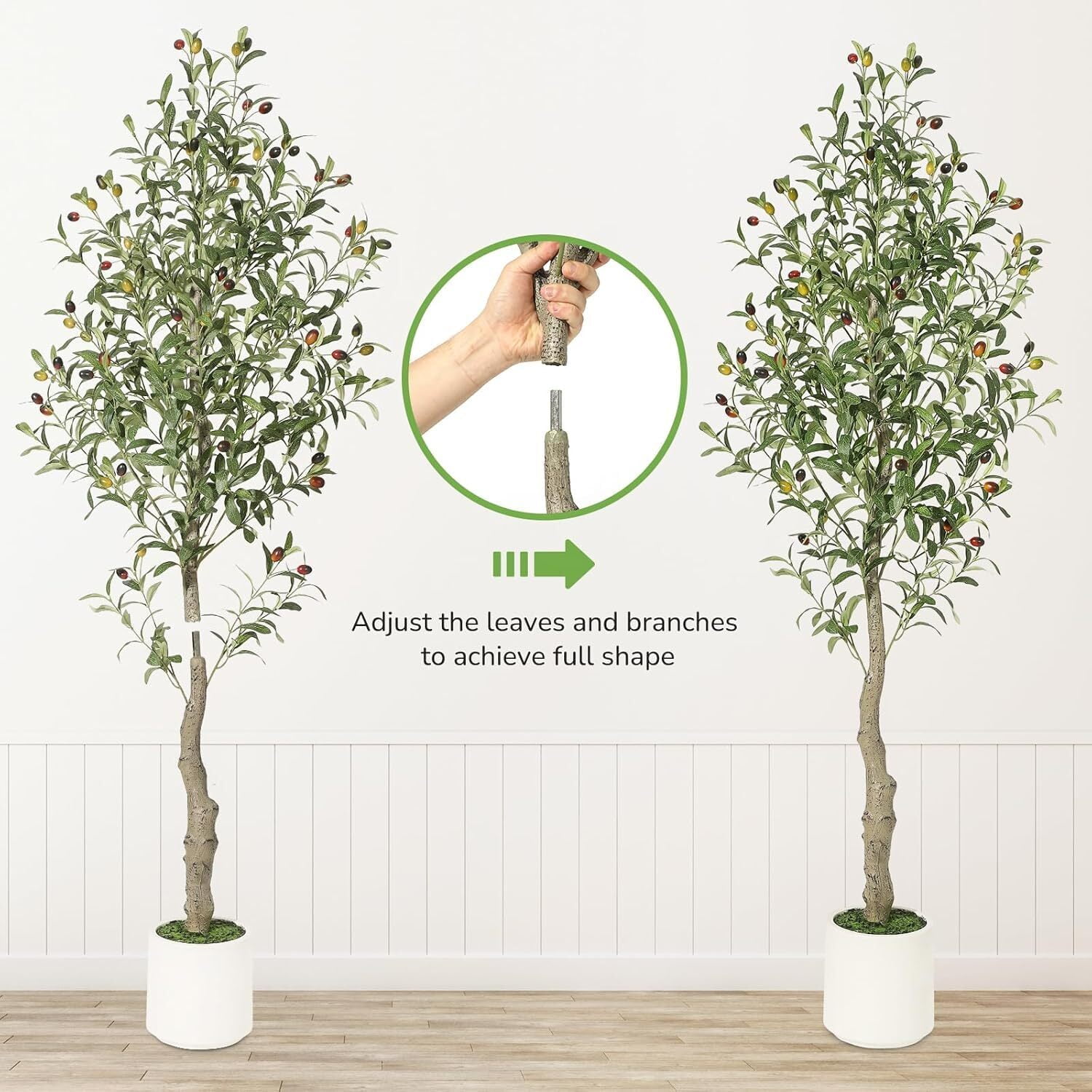 2pcs 7FT Faux Olive Tree Tall,Olive Trees Artificia Indoor with White Planter and Green Moss, Fake UV Resistant Artificial Tree,for Home Office Living Room Bedroom Stairs Foyer Decor