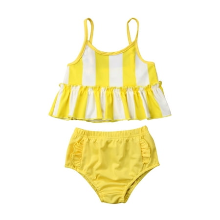 

Baby Girls Summer Swimwear Sets Sleeveless Ruffle Hem Striped Swimsuit Vest Bathing Suit Shorts