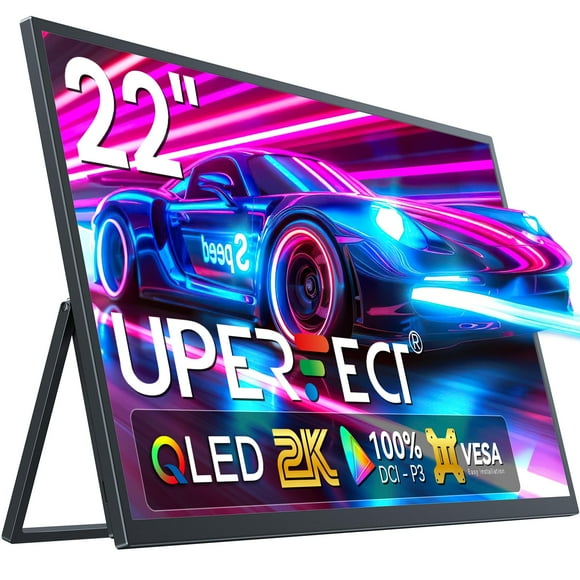 UPERFECT Monitor portátil 2K de 22 pulgadas con VESA y soporte ajustable de 180°, 2560 x 1440 QHD FreeSync IPS HDR gran pantalla de juegos, USB-C HDMI Travel segundo monitor para portátil, interruptor