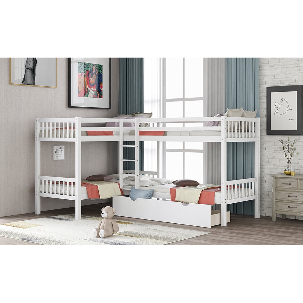Kepooman Twin Size Modern Wooden L-Shaped Bunk Bed with 3 Drawers for Bedroom Dorm, 120.6" x 80.6" x 62.5", White Kepooman Twin Size Modern Wooden L-Shaped Bunk Bed with 3 Drawers for Bedroom Dorm, 120.6" x 80.6" x 62.5", White