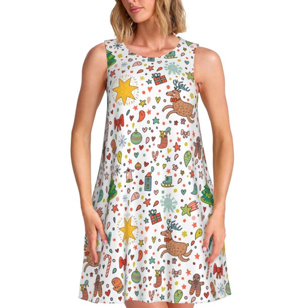 Fotbe Winter Christmas And New Year Deer Vestido de Verano sin Mangas para Mujer – Vestido Midi Línea A, Estilo Camiseta Floral, Vestido Playero Casual y Fluido