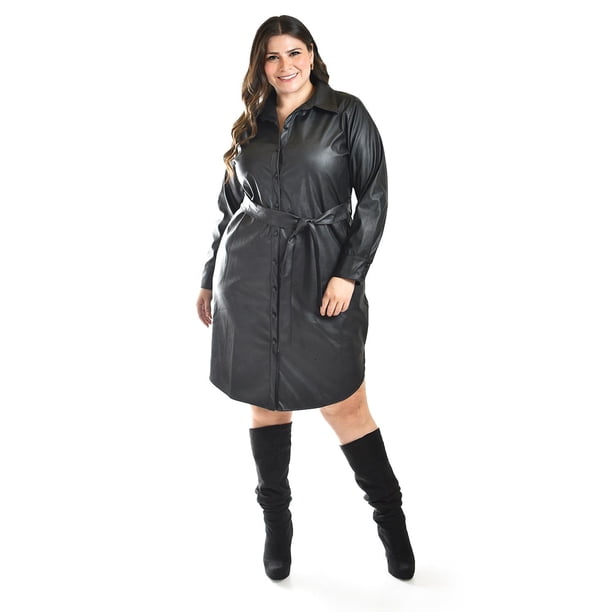 Vestido camisero de piel sintetica Roman Fashion /Tallas Extras, 104 (Negro) negro 42
