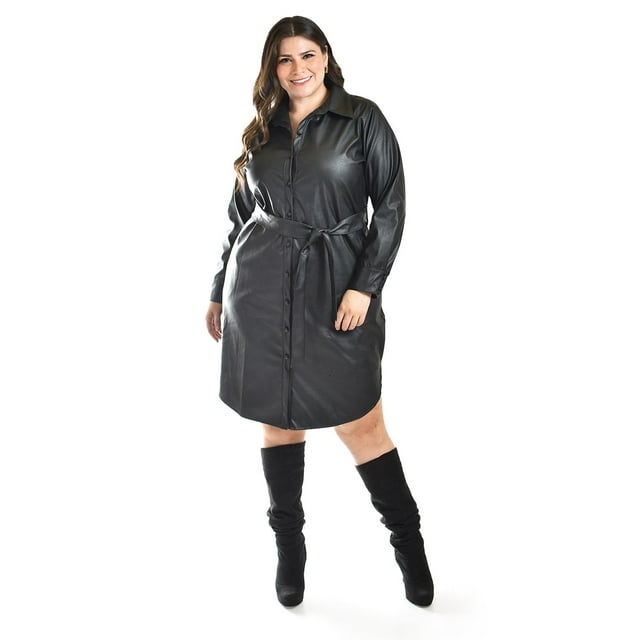 Vestido camisero de piel sintetica Roman Fashion /Tallas Extras, 104 (Negro) negro 40