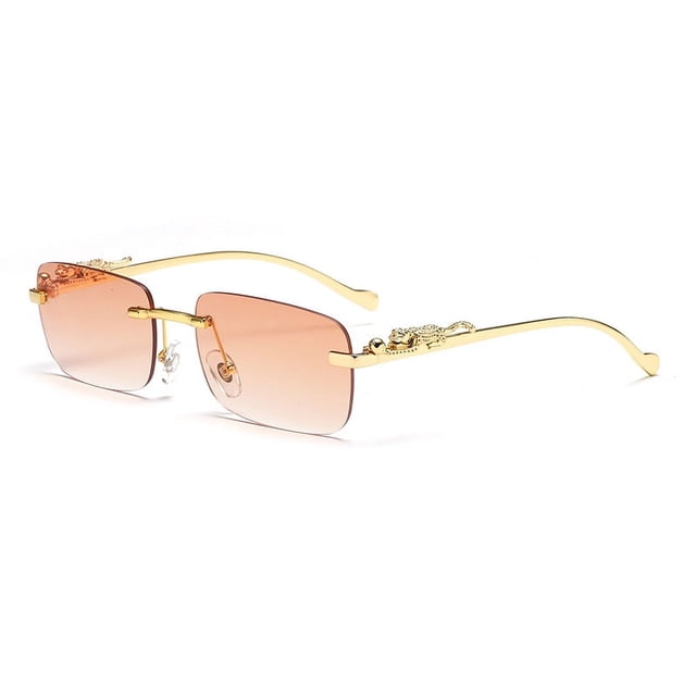 Gafas de sol sin montura con personalidad decorativa de guepardo, gafas de color para hombres y mujeres, gafas de sol retro de metal con cabeza de leopardo
