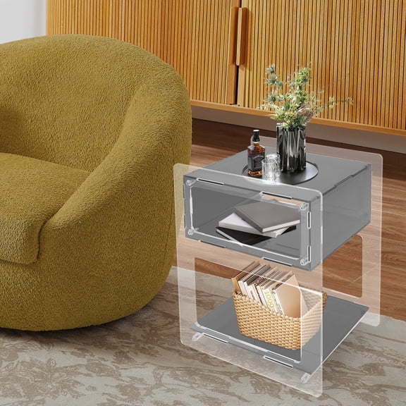 Acrylic Side Table, Black, Rectangle Sofa Table, Storage Shelf Table, Coffee Table for Bedroom Indoor Outdoor