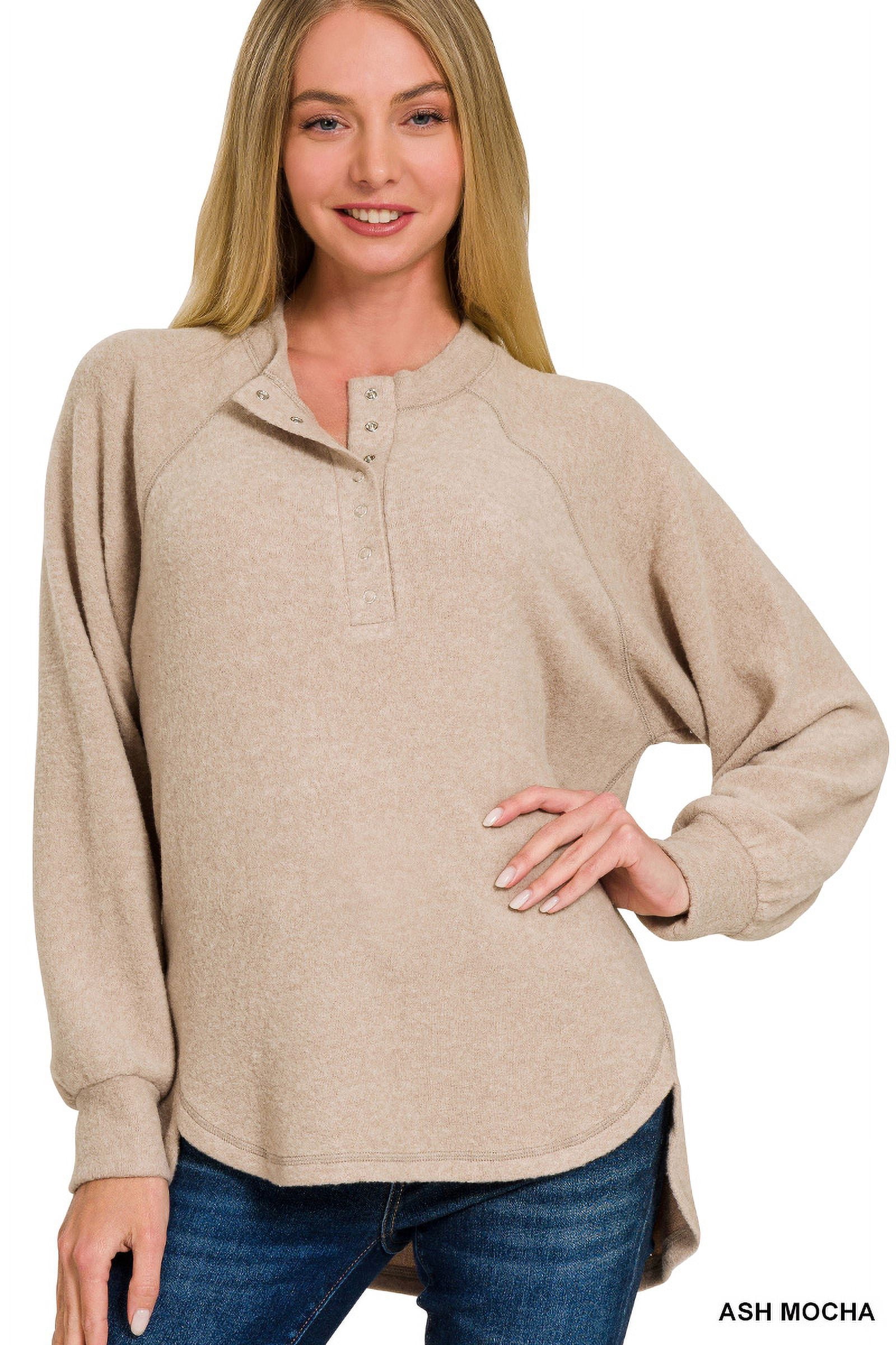 Zenana Women's Casual Brushed Melange Hacci Relaxed Fit 7-Button Henley Placket Light Sweater