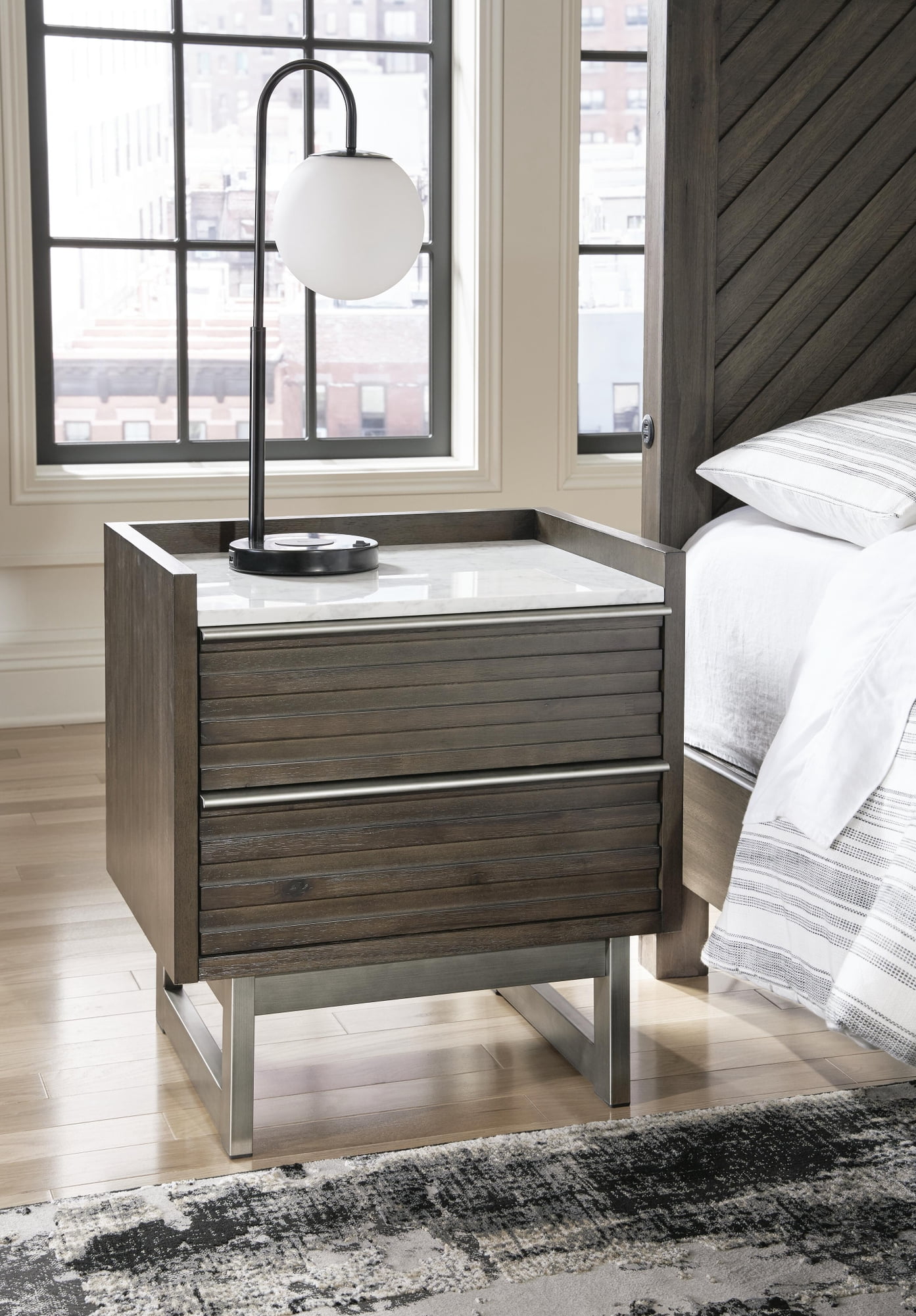 Signature Design by Ashley Arkenton 2-Drawer Nightstand with White Marble Top - Modern Bedroom Side Table, Grayish Brown Wood Finish