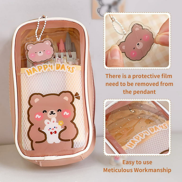 Cute Pencil Case Clear Kawaii Pencil Case with Cute Pendant Aesthetic  Foldable Pencil Pouch Marker Case Holder Storage Bag (Brown-Bear)