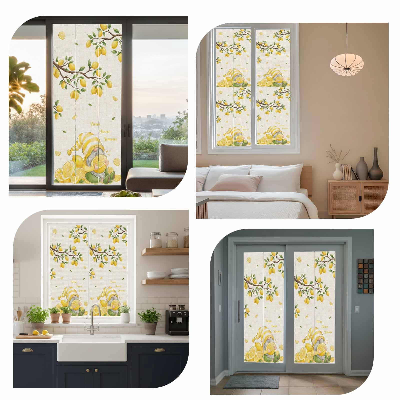 Summer Vintage Gnome Lemon Window Privacy Film, Country Farm Yellow Lemon Tree Leaf Frosted Glass Window Clings Static Cling UV Heat Blocking Reusable Door Sticker for Bathroom 23.6 x 59 Inch