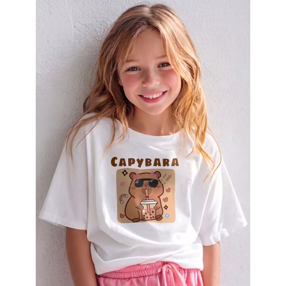 Trendy Capybara Sunglasses Drinking Boba Milk Tea, The Children's Place Girls' Sports Girls Shirts Short Sleeve Soft 100% Cotton T-Shirts Plain Tees Tops Clothes Crew Neck for Kids
