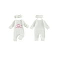 thumbnail image 2 of Gzhioc Newborn Baby Girl Fall Romper Bow Letter Embroidered Waffle Knit Long Sleeve Jumpsuit with Matching Headband 2 Piece Set, 2 of 9